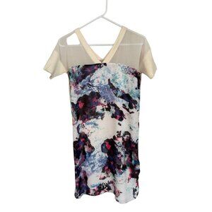 Cluny Shift Dress Printed Voyage White Sheer Mini Vneck Short Sleeve XS NEW FLAW